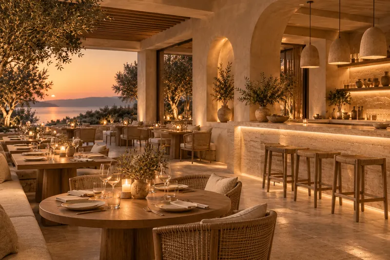 Kemerli nişleri ve sıcak aydınlatmasıyla Akdeniz restoranı