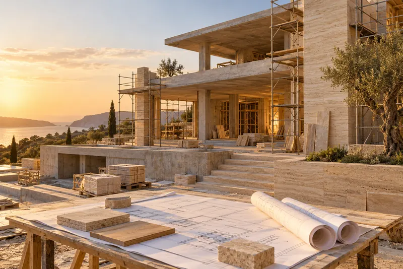 Traverten cephe kaplaması süren, tamamlanmak üzere olan modern villa şantiyesi